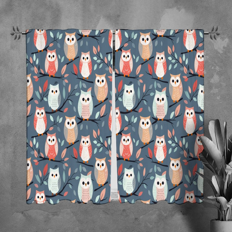 Owl Window Curtains Animals Blue Drapes, H 82 po x l 20 po