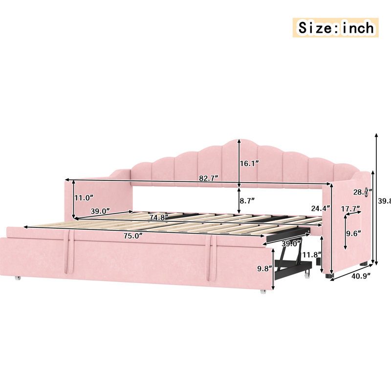 Lit de jour simple rembourré rose avec lit gigogne escamotable de hauteur variable, fonction de charge et rangement latéral pour lit de jour de petite taille Essentials