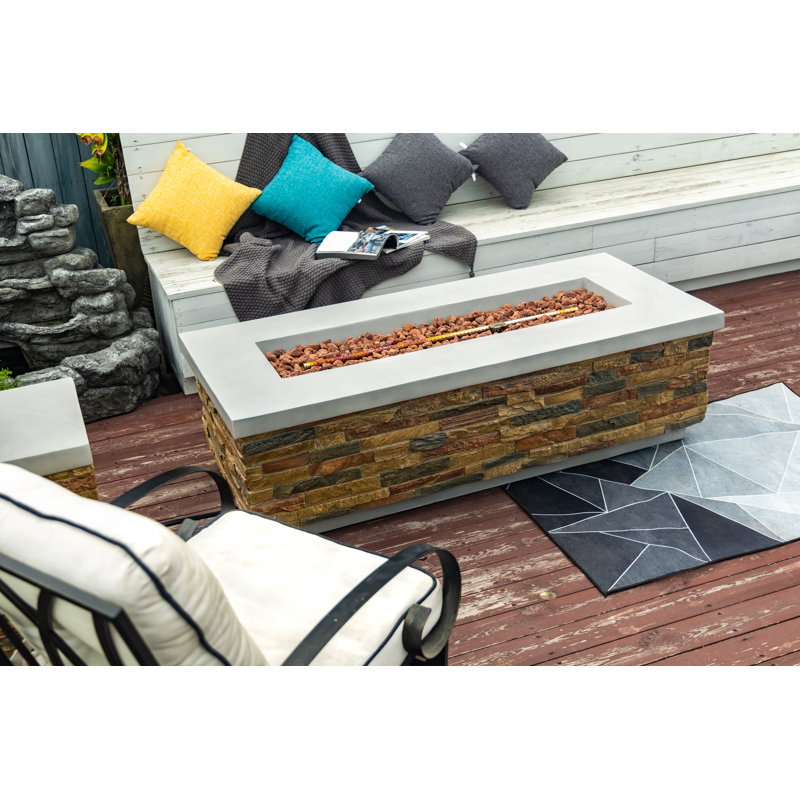 18“ H x 60" W Rectangular Outdoor Natural Gas Fire Pit Table in Faux Stone and Concrete Top 60000BTU