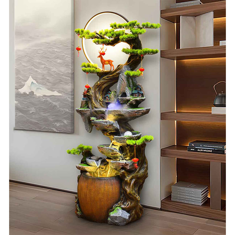 Fontaine de style chinois en résine de poudre de pierre, H 59,84 po x l 28,35 po x P 14,17 po