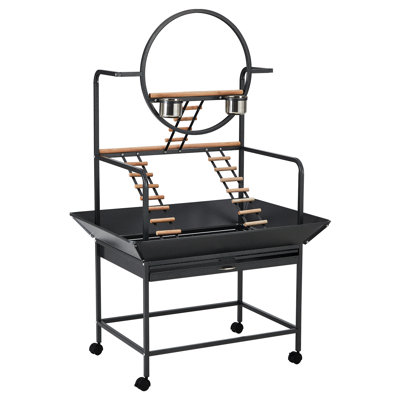 Parrot Playstand with Wheels, Bird Stand Activity Play Center with A Pull-Out Drawer, Perches and Ladders, Indoor Outdoor Playground with Stainless Steel Feed Bowls for Birds, Black