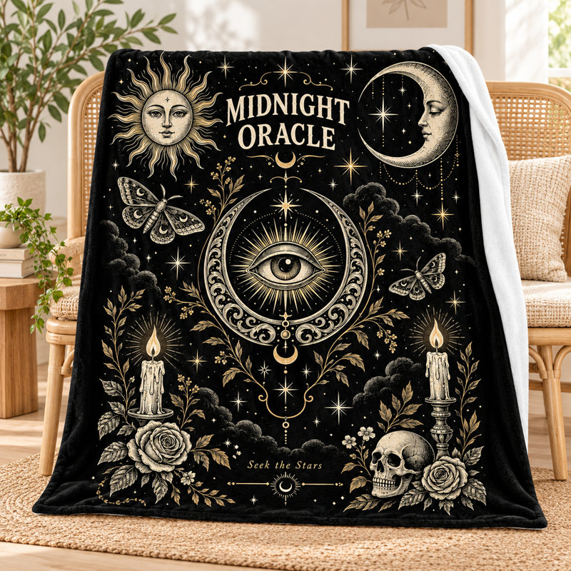Black Gold Oracle Blanket, Celestial Flannel Throw with Eye, Crescent Moon, Moths, Roses and Candle Artwork for Couch, Bed, Reading Corner and Travel, 60 x 80 in