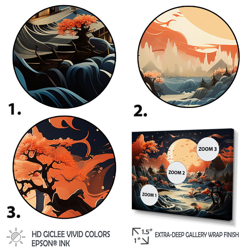 «China Mountain and River Landscape Bliss II», art mural Chine, Cadre d'angle fermé blanc, H 34 po x l 44 po x P 1,5 po