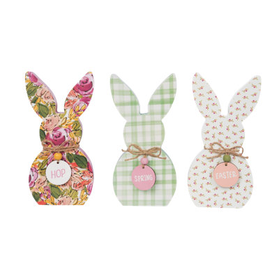 MDF Easter Cottage Sit About Bunny, Decorative Objects, Multicolor, Wood, Set of 3, Tabletop, Living Room, Spring, Home Decoration