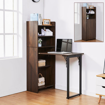 Bureau d'ordinateur à bibliothèque pliable avec prise de courant intégrée, conception anti-basculement, bouton facile à plier, stabilité des pieds renforcée, peu encombrant pour le bureau à domicile