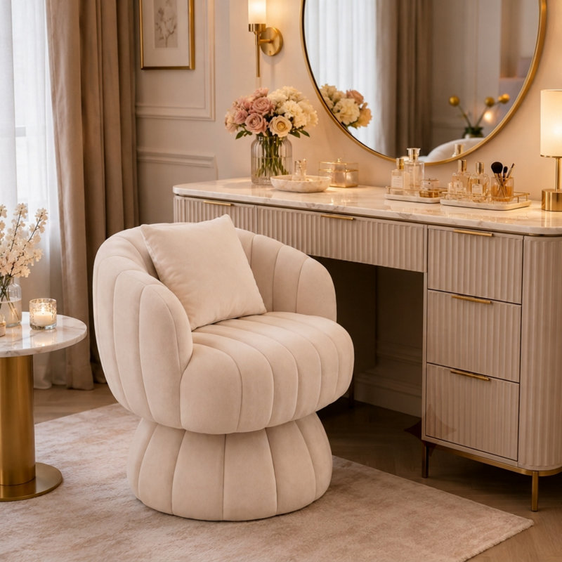 Fauteuil demi-tonneau rembourré rembourré avec coussin, Velours beige
