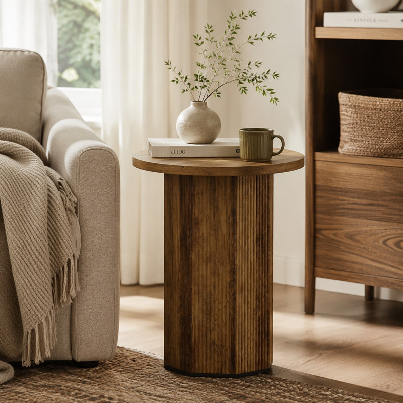 Round End Table, Narrow Side Table Nightstand with Stable Pedestal