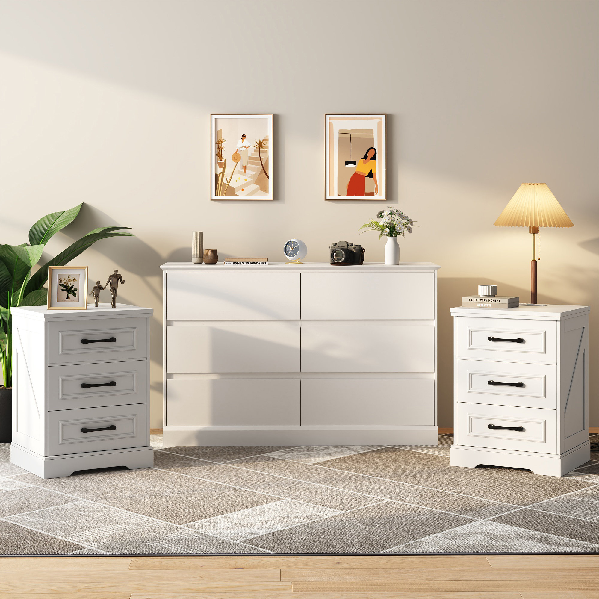 August Grove 3 Piece Bedroom Set, 6 Drawer 47.2" W Double Dresser And ...