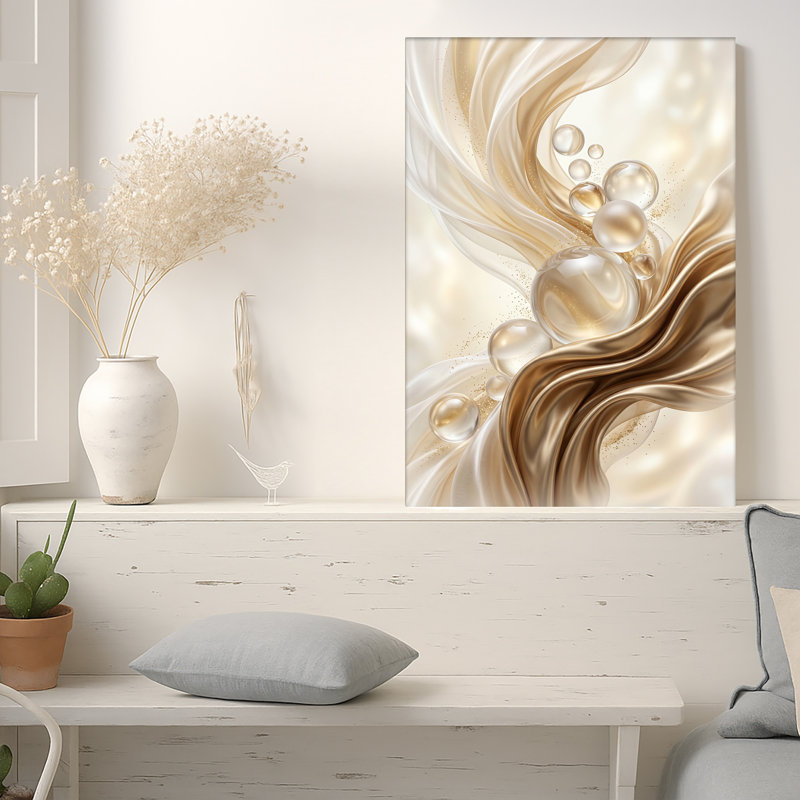 Or et crème, rubans qui coulent avec bulles, art mural sur toile, 36"H x 24"W