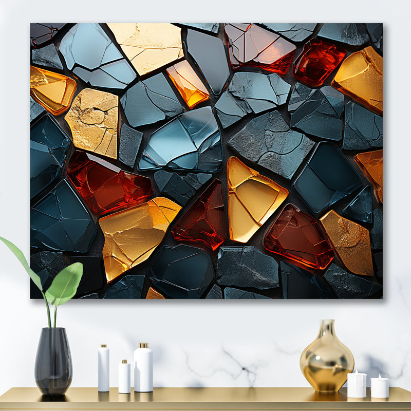 Carreaux de mosaïque dorés et bleus I - décoration murale en marbre, H 24 po x l 32 po x P 1 po, Toile tendue