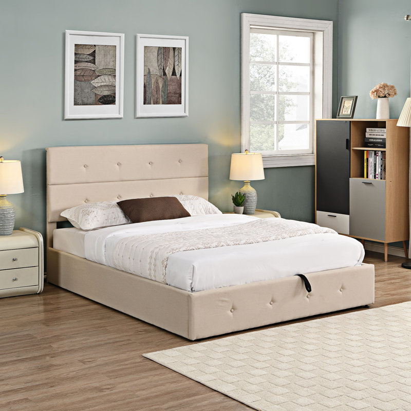 Grand lit plateforme capitonné avec rangement, Beige