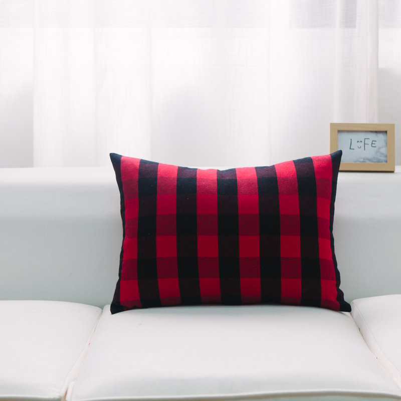 Checkered Cotton Reversible Throw Pillow, Black/Red