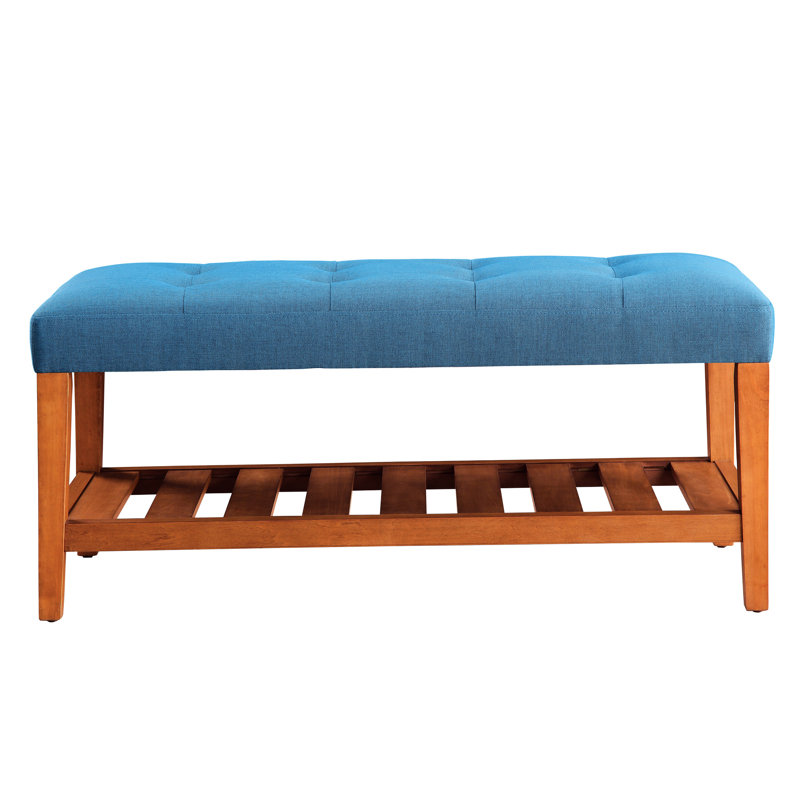 Blue Fabric Bench With Wooden Slatted Oak Shelf - 40X16x18 Inches Modern And Practical Balcony Decor 16" Deep Finish Seat, Functional For Home