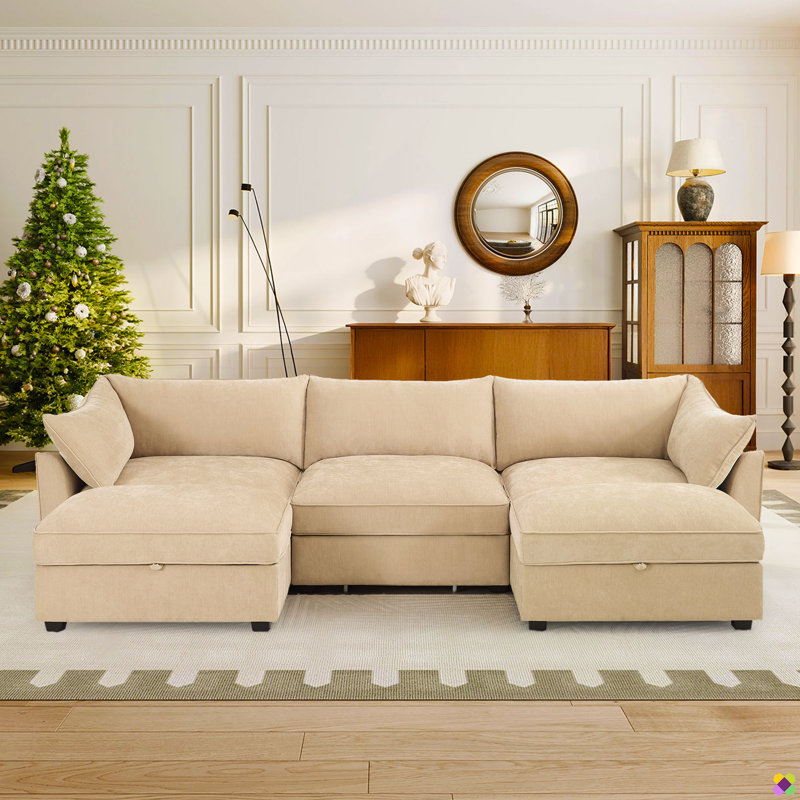 Luna 5-piece 112.6"W Chenille Modular Sectional, Seat Underneath Storage Basket, 2 Storage Ottomans, Wheat Chenille