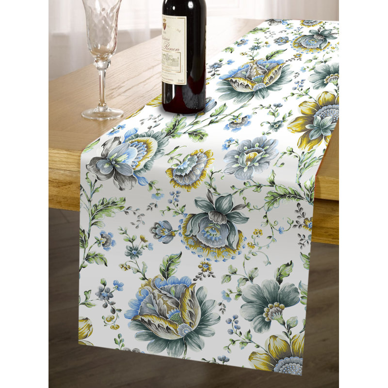 Delyth Handmade Floral Table Runner Jaco Blue Polyester Dining Table Runner for Luxurious Table Decor