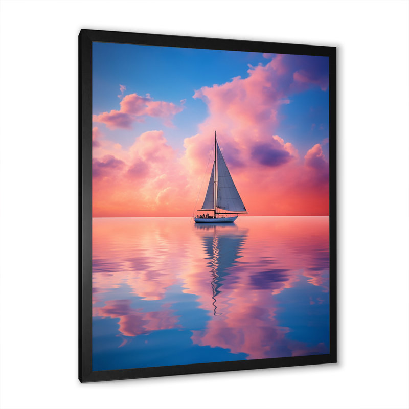 Voilier vibrant rose et coucher de soleil - reproduction sur toile, H 32 po x l 24 po x P 1 po, Cadre simple noir