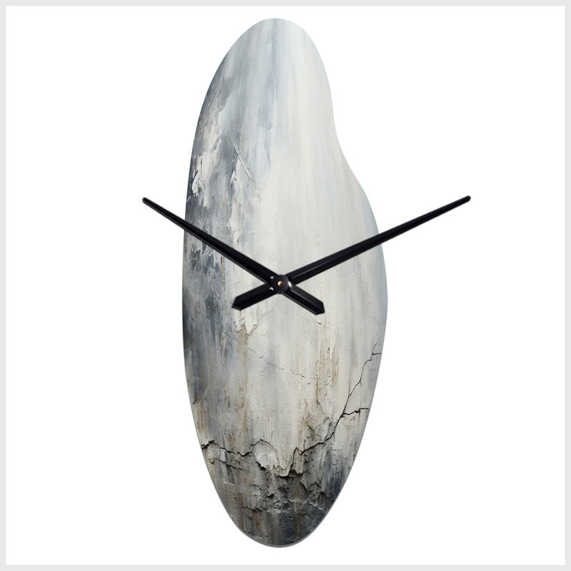 Gheorghita, rivière de pierre grise et blanche II - horloge abstraite asymétrique en métal, horloge murale incurvée grise