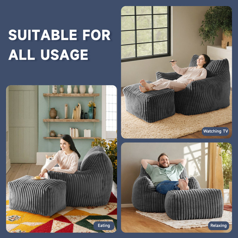 Large Corduroy Compression Bean Bag Chair with Ottoman Memory Foam Lazy Floor Sofa, Gray Polyester Blend