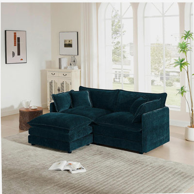 Chenille Two-Seater Sofa with 1 Footrest, 2 Seater L-Shaped Sectional with Ottoman,Loveseat with Ottoman for Small Living Space,Blue Chenille