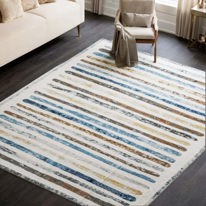 Non-Slip Machine Washable Colorful Modern Striped Area Rug in Blue/Brown/Yellow/Cream for Living Room, Bedroom, Hallway Runner Indoor Rugs
