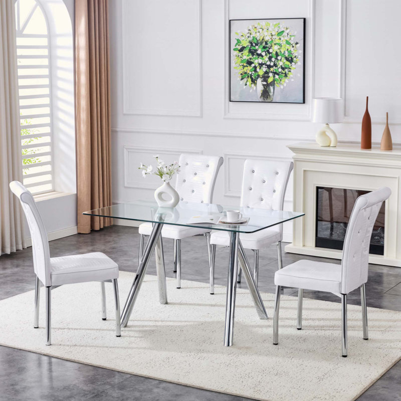 Table de salle à manger en verre trempé avec pieds robustes en métal, Argent argent, H 30 po x L 71 po x l 35,5 po