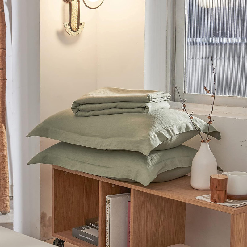 Ensemble de housse de couette 100% lin, Housse de couette grand + 2 taies d'oreiller, Vert sauge