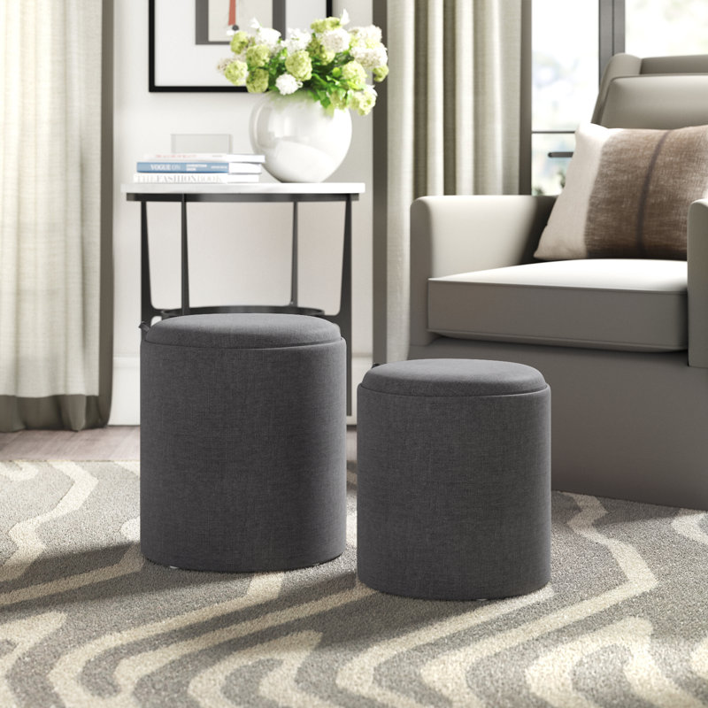 Alvena 15.5" Wide Round Storage Ottoman with Tray Tops, Charcoal