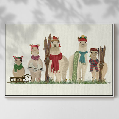 «Llama Family Winter Sports» - Toile tendue avec châssis de qualité supérieure - Prêt à être accroché