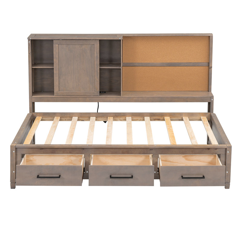 Twin Size Lounge Daybed With Storage Shelves, Cork Board, Usb Ports And 3 Drawers, Wood
