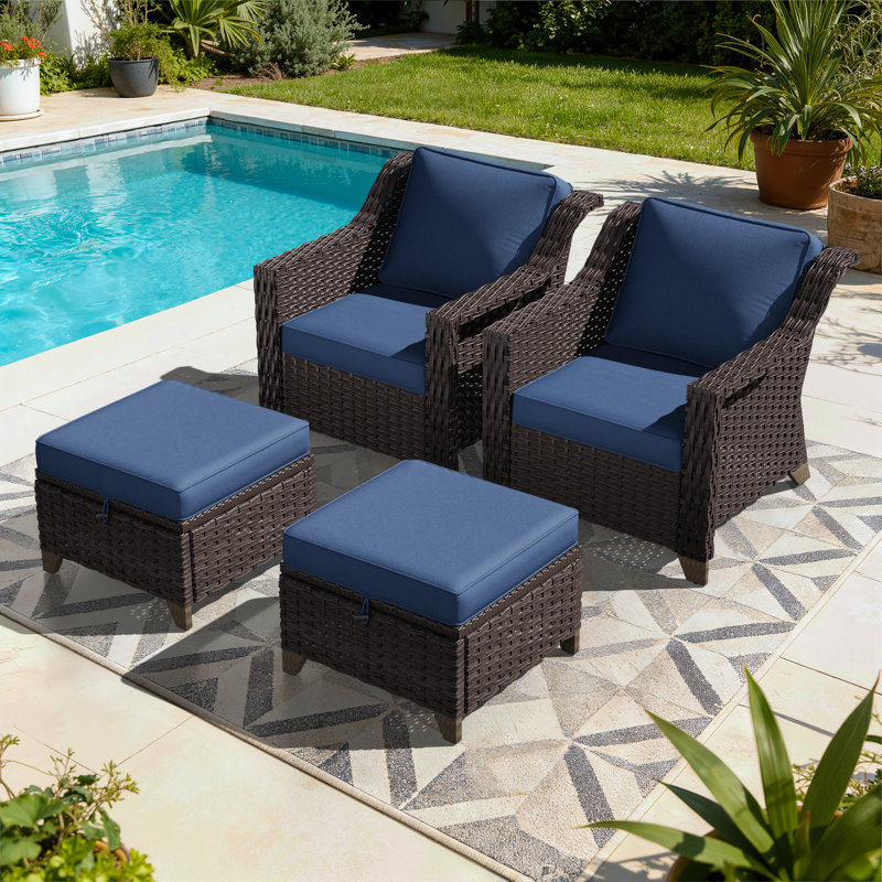 Meriwether Patio Chair with Cushions and Ottomans, Blue