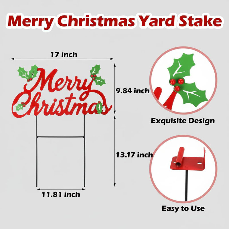 17" Merry Christmas Metal Yard Stakes - Waterproof Outdoor Decor