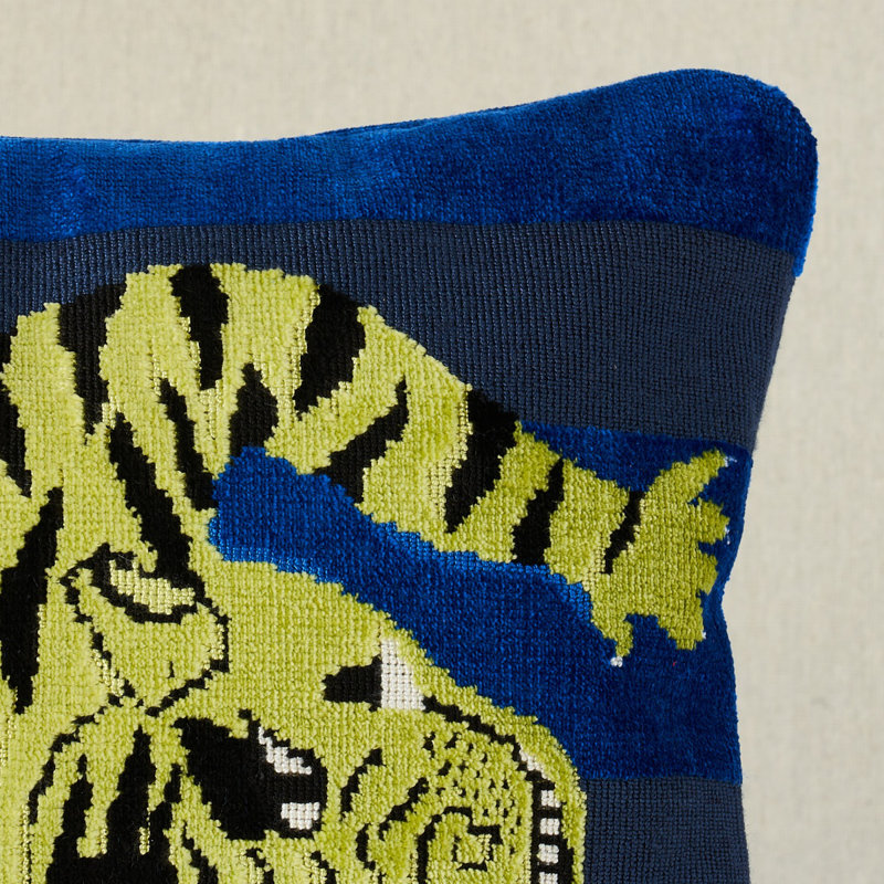Jokhang Tiger Velvet Pillow, Blue