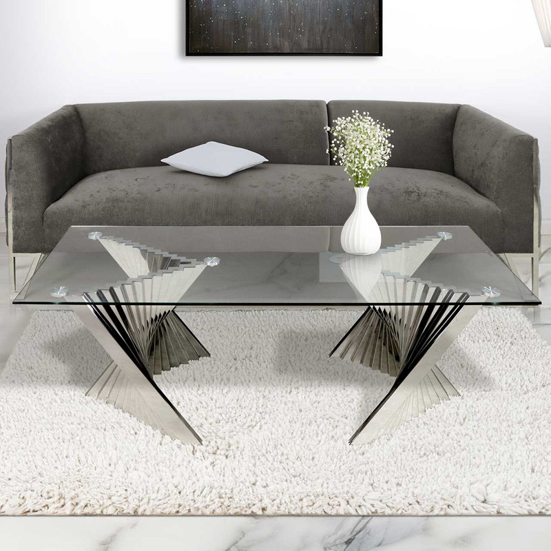 Auric Glass Coffee Table For Living Room Furniture, Stainless Steel Table With Glass Tabletop, Silver
