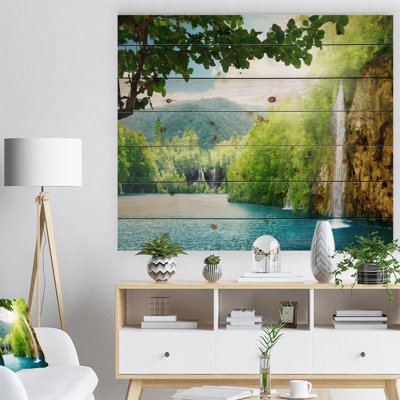 Cascade dans la forêt profonde - Panneaux d'art mural traditionnels en bois - Bois de pin naturel