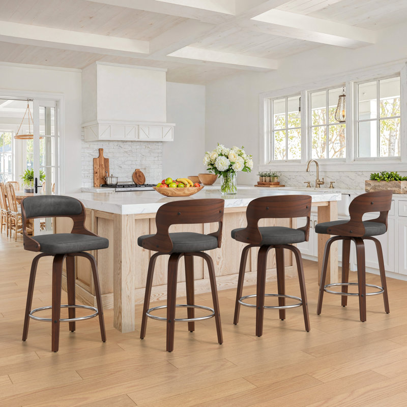 26'' Swivel Upholstered Counter Stools with solid wood leg, Gray Seat/Dark Walnut Frame