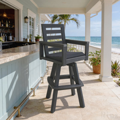 Outdoor Swivel Bar Stools, Slate Grey Hdpe High-Density Polyethylene Patio Bar Chair With 360° Swivel & Ladderback, All-Weather Bar Height Stool For Deck, Porch, Poolside, Hot-Embossed Wood Grain
