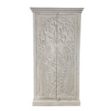 White Antique Hand-Carved Solid Wood 2 Large Peacock Armoire