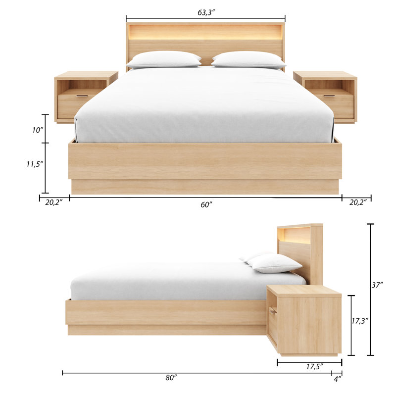 Decoteau Queen Size 4 Piece Bedroom Set with Headboard with Integrated Lighting, Beige