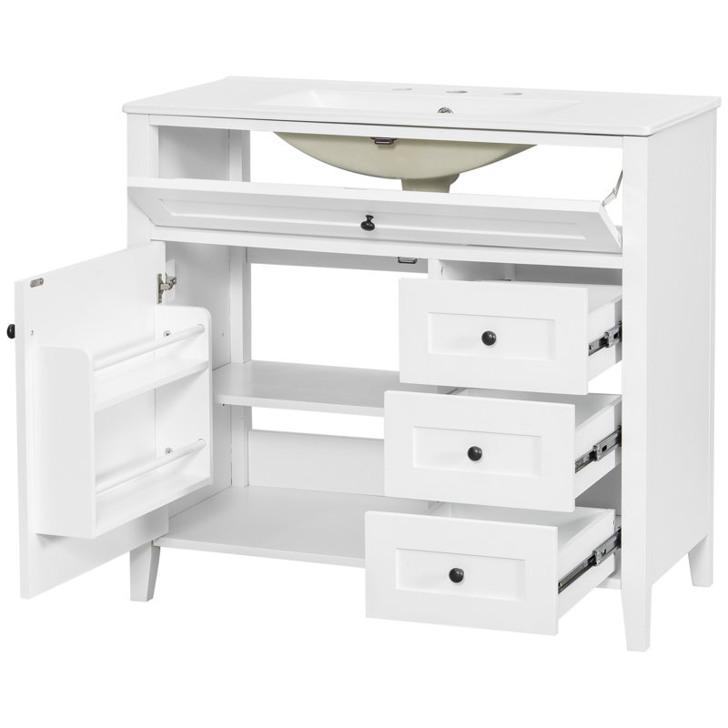 Meuble-lavabo moderne 36 po avec lavabo en céramique, armoire de rangement en bois d'hévéa massif avec tiroir basculant (noir / blanc / gris / vert)