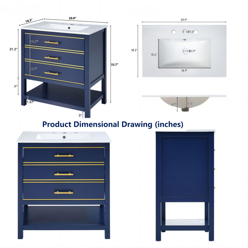 Meuble-lavabo moderne 30 po avec comptoir en céramique , Bleu