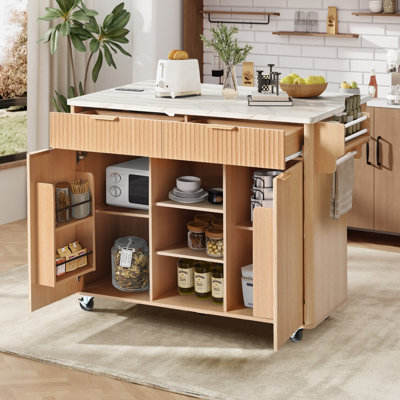 Wilbert 52" Fluted Kitchen Island with Drop Leaf, Shelves & Drawers by NFusion