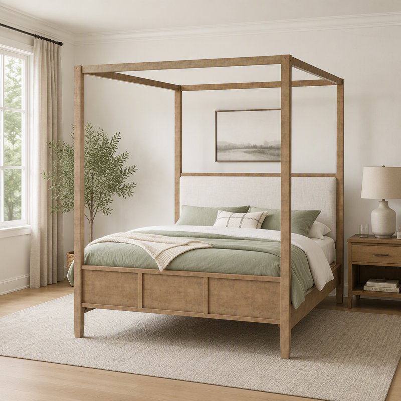 Lit plateforme à baldaquin en bois avec tête de lit, Queen, Noyer naturel