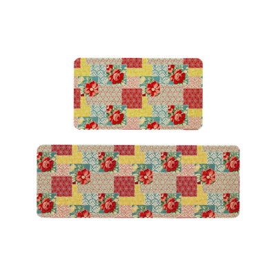 Vintage Patchwork Floral Print Kitchen Mats for Kitchen & Dining Room, Multicolor Home Decor 2-Piece Set