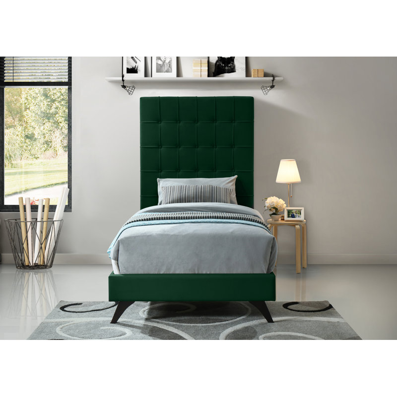 Elly Tufted Upholstered Low Profile Platform Bed, Twin, Green Velvet
