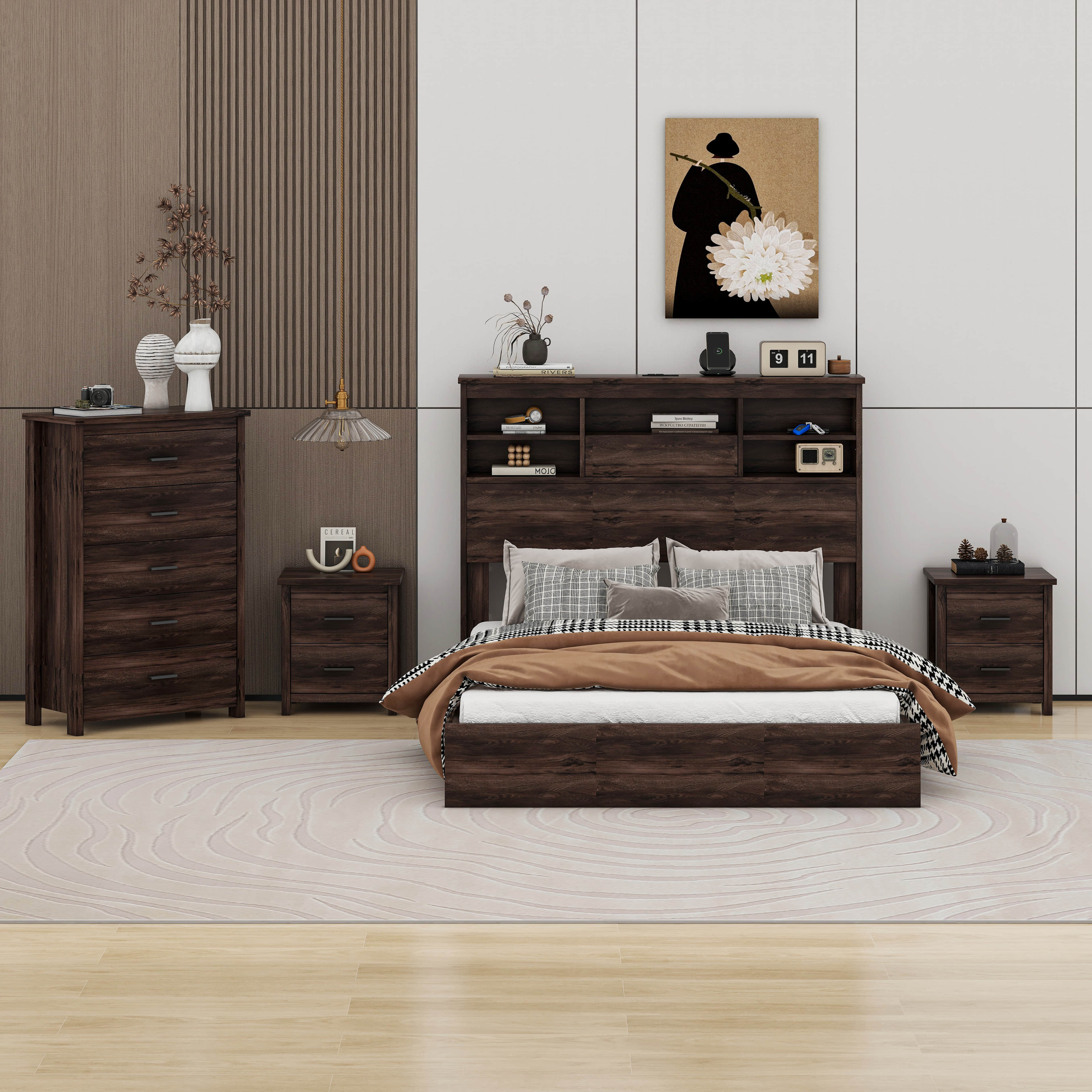 Cosmic 4-Pieces Bedroom Sets Queen Size Vintage Wooden Bed Frame With ...
