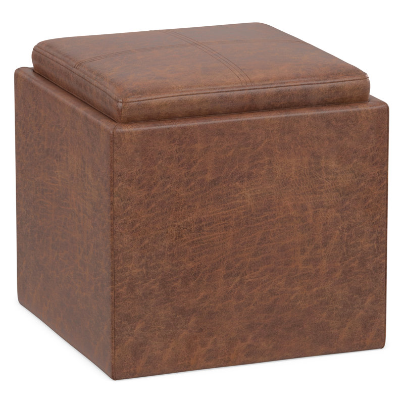Repose-pieds carré contemporain avec rangement en cuir végétalien et plateau basculant Rockwood, Simili cuir brun délavé