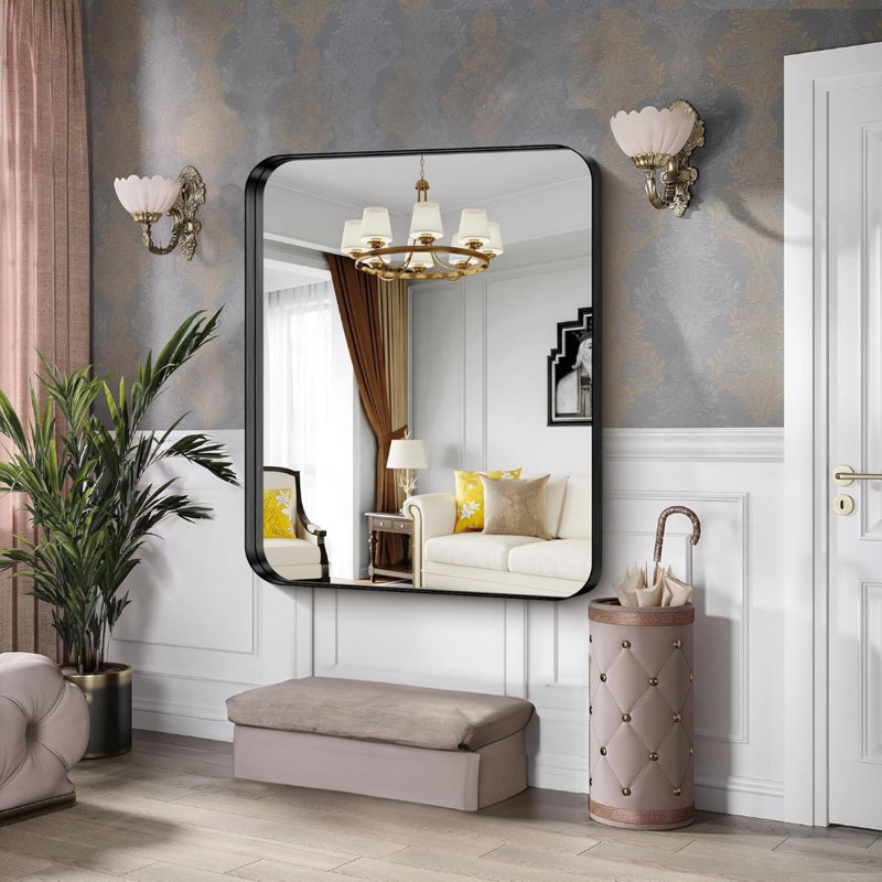 Black Bathroom Mirror, 40"X48" Rectangular Mirror With Deep Metal Frame, Rounded Corner, Tempered Glass, Large Mirror For Wall, Over 2 Sinks, Installed Vertically/Horizontally, Crystal-Clear
