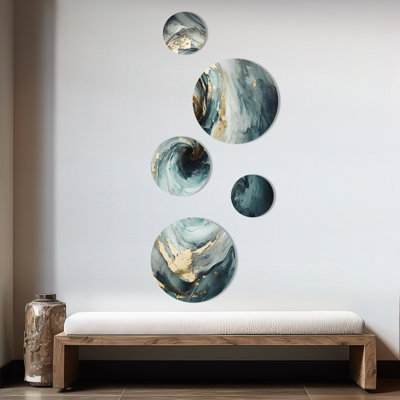 «Gold and Grey Paint Spiral Whispers III», ensemble d'art mural rond en spirales abstraites de 5