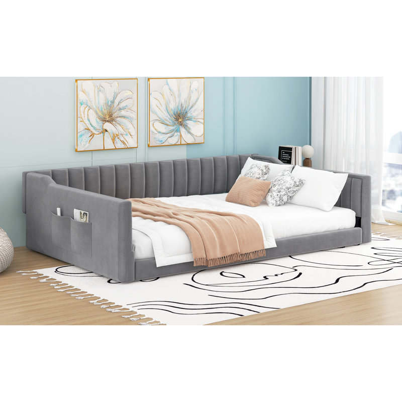 Lit de jour double TG gris avec pochette de rangement latérale - Polyvalent pour un usage domestique Pas de sommier tapissier