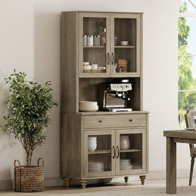 Corretta Buffet Cabinet With Bar Hutch, Kitchen Sideboard Cabinet With Glass Doors And Wooden Drawer, Farmhouse Sideboard Credenza For Dining Room, 5 Tier Bookshelf With Wood Door, Wash Grey, 34''